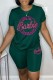 Green Casual Sportswear Letter Print Basic O Neck Short Sleeve Two Pieces
