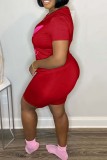 Red Casual Print Basic O Neck Short Sleeve Two Pieces