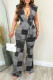 Black Casual Print Patchwork V Neck Regular Jumpsuits