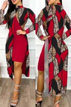 Red Casual Print Patchwork Turtleneck Long Sleeve Two Pieces
