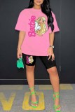 Rose Red Casual Character Print Letter O Neck Short Sleeve Two Pieces