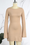Khaki Casual Solid Basic O Neck Long Sleeve Dresses