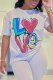 White Daily Vintage Print Patchwork Letter O Neck T-Shirts