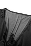 Black Sexy Solid Bandage Hollowed Out V Neck Long Sleeve Two Pieces