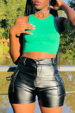 Black Street Solid Patchwork Pocket Metal Accessories Decoration Skinny High Waist Straight Solid Color Bottoms