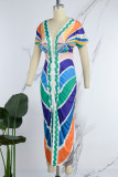 Green Elegant Print Patchwork Fold V Neck Wrapped Skirt Short Sleeve Dress