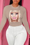 Khaki Sweet Party Print Patchwork O Neck Tops