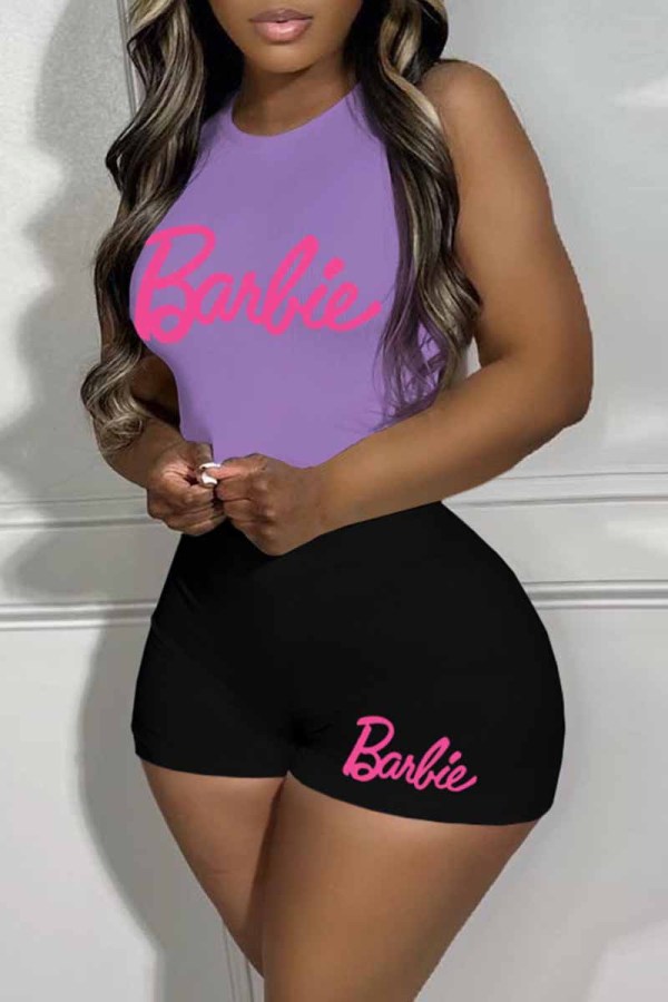 Purple Sexy Print Letter O Neck Sleeveless Two Pieces