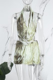 Grey Brown Sexy Tie Dye Tassel Patchwork Backless Fold Halter Sleeveless Two Pieces