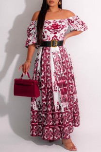 Red Casual Print Patchwork Off the Shoulder Long Dress (Without Belt)