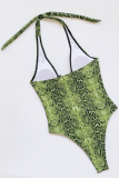 Green Sexy Animal Print Hollowed Out Patchwork Backless Swimwears