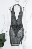 Black Sexy Patchwork Hot Drilling Backless Slit Halter Sleeveless Dress Dresses