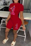 Pink Casual Character Print Letter O Neck Short Sleeve Two Pieces