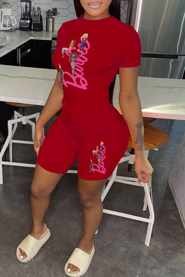 Red Casual Character Print Letter O Neck Short Sleeve Two Pieces