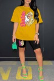 Ginger Casual Character Print Letter O Neck Short Sleeve Two Pieces