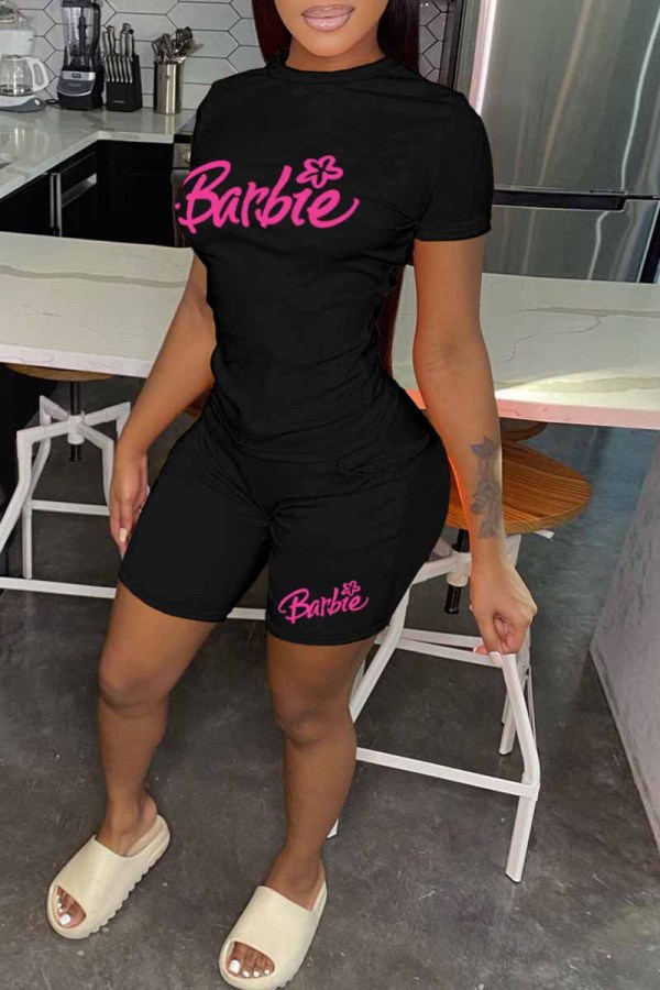 Black Casual Print Letter O Neck Short Sleeve Two Pieces