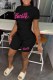 Black Casual Print Letter O Neck Short Sleeve Two Pieces