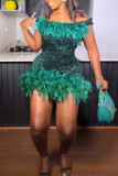 Red Sexy Solid Sequins Patchwork Feathers Backless Off the Shoulder Wrapped Skirt Dresses