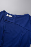 Deep Blue Casual Solid Patchwork Oblique Collar Pencil Skirt Short Sleeve Dress