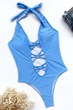Baby Blue Sexy Animal Print Hollowed Out Patchwork Backless Swimwears