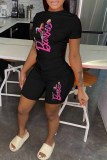 Pink Casual Character Print Letter O Neck Short Sleeve Two Pieces