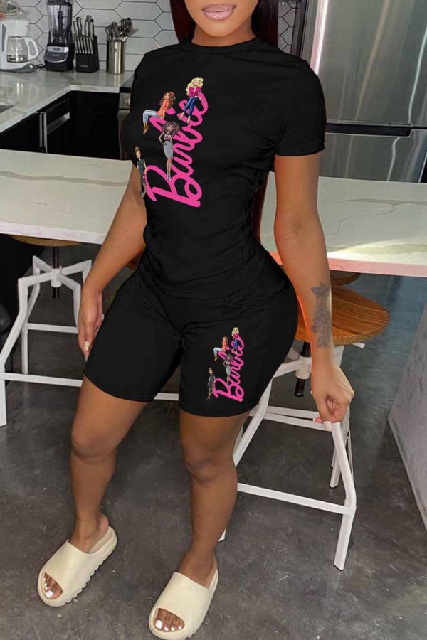 Black Casual Character Print Letter O Neck Short Sleeve Two Pieces