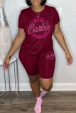 Pink Casual Sportswear Letter Print Basic O Neck Short Sleeve Two Pieces