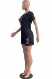 Pink Casual Character Print Letter O Neck Short Sleeve Two Pieces