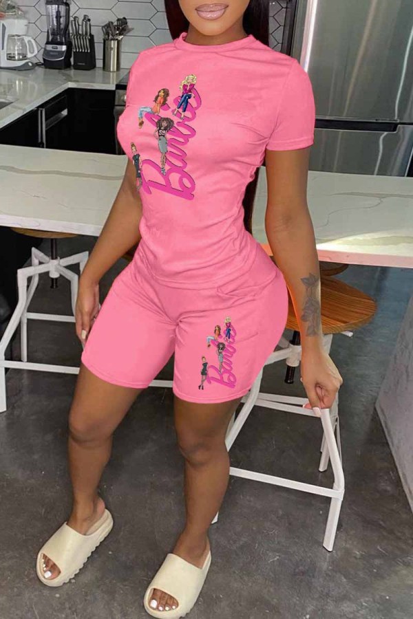 Pink Casual Character Print Letter O Neck Short Sleeve Two Pieces