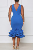 Blue Fashion Sexy Solid Patchwork V Neck Evening Dress