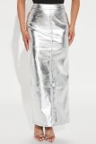 Silver Casual Solid Slit Skinny High Waist Conventional Solid Color Skirts