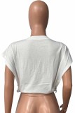 White Casual Street Print Letter O Neck Tops