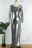 Silver Sexy Solid Backless O Neck Long Dress Dresses