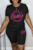 Pink Casual Sportswear Letter Print Basic O Neck Short Sleeve Two Pieces