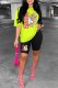 Fluorescent Green Casual Character Print Letter O Neck Short Sleeve Two Pieces