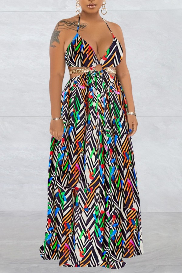 Stripe Sexy Print Bandage Backless Spaghetti Strap Long Dress (Without Waist Chain ,Subject To The Actual Object)