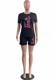 Pink Casual Character Print Letter O Neck Short Sleeve Two Pieces