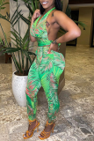 Green Street Floral Patchwork Frenulum Backless Halter Sleeveless Two Pieces