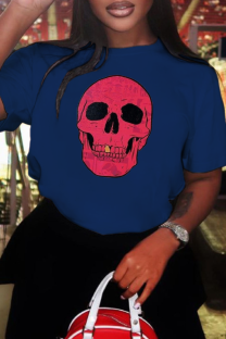 Navy Blue Vintage Skull Patchwork O Neck T-Shirts