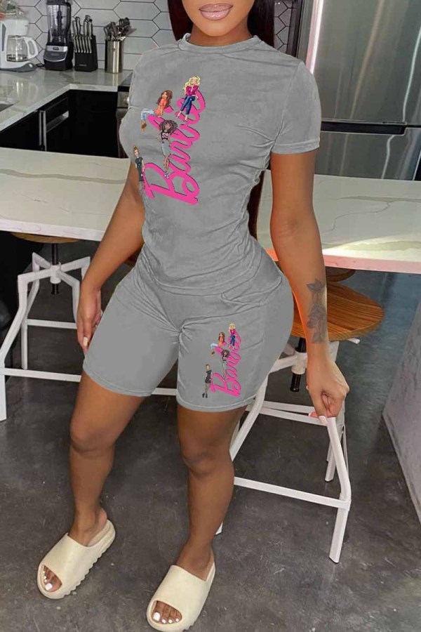 Grey Casual Character Print Letter O Neck Short Sleeve Two Pieces