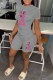 Grey Casual Character Print Letter O Neck Short Sleeve Two Pieces