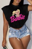 Black Casual Street Character Print Letter O Neck Tops