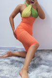 Tangerine Red Sexy Color Lump Hollowed Out Contrast Halter Wrapped Skirt Dresses