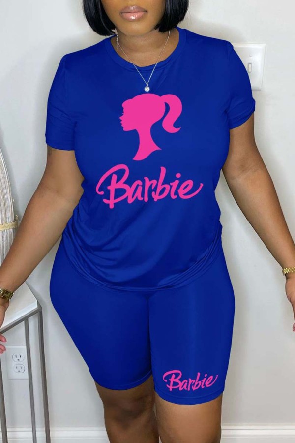 Blue Casual Print Basic O Neck Short Sleeve Two Pieces