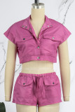 Rose Red Casual Solid Patchwork Turndown Collar Short Sleeve Two Pieces
