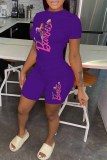 Pink Casual Character Print Letter O Neck Short Sleeve Two Pieces