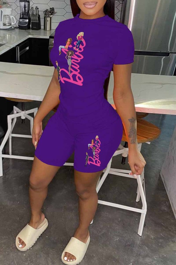 Purple Casual Character Print Letter O Neck Short Sleeve Two Pieces
