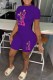 Purple Casual Character Print Letter O Neck Short Sleeve Two Pieces