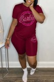 Pink Casual Sportswear Letter Print Basic O Neck Short Sleeve Two Pieces