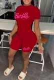 Red Casual Print Letter O Neck Short Sleeve Two Pieces